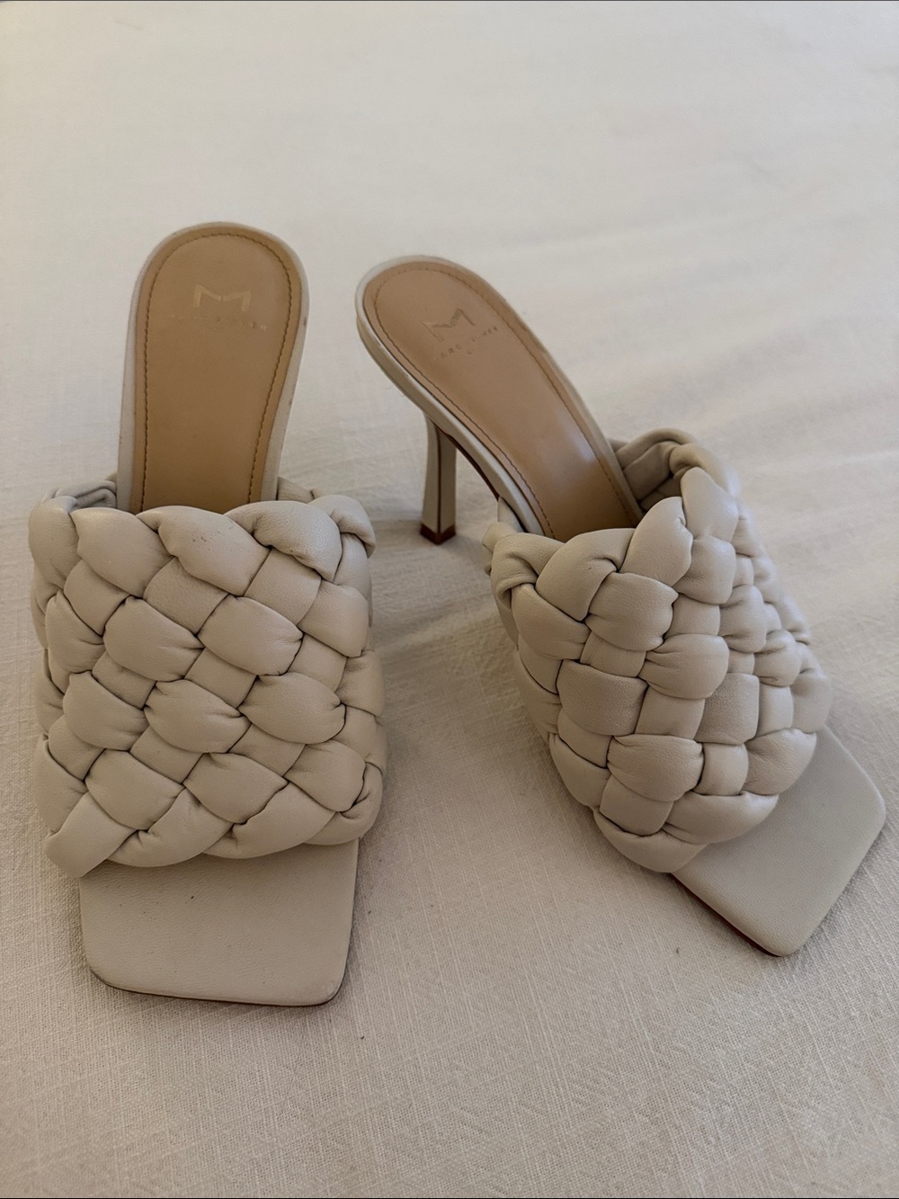Marc Fisher Braided Square-Toe High Heel Mules - Beige